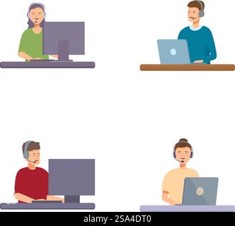 Sammlung von Illustrationen, die Personen unterschiedlichen Alters und ethnischen Zugehörigkeit auf Workstations mit Laptops und Desktops zeigen. Verschiedene Menschen, die an Computern arbeiten, Illustrationsset Stock Vektor