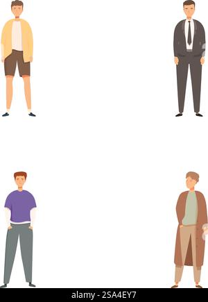 Sammlung von vier stilisierten männlichen Charakteren in verschiedenen Outfits, die unterschiedliche Lebensstile repräsentieren. Verschiedene männliche Zeichentrickfiguren Stock Vektor