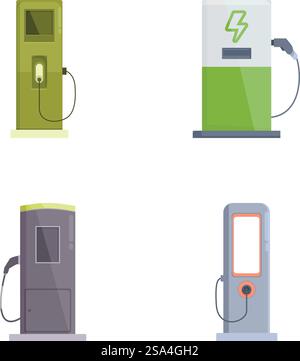 Abbildung: Vier verschiedene Kraftstoffpumpen und Ladestationen für Elektrofahrzeuge. Set mit verschiedenen Ladegeräten für Kraftstoff- und Elektrofahrzeuge Stock Vektor