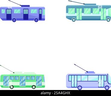 Vier verschiedene Vektorillustrationen von umweltfreundlichen City-Trolleybussen auf weißem Hintergrund. Moderne Trolleybus-Illustrationen Stock Vektor