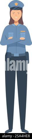 Selbstbewusste Polizistin posiert mit gefalteten Armen und zeigt Professionalität und Autorität. Lächelnde Polizistin, stehend mit gefalteten Armen, Uniform und Hut Stock Vektor