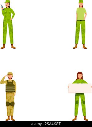 Verschiedene Illustrationen von Militärpersonal mit Männern und Frauen in verschiedenen Militäruniformen und Posen in einem modernen, kreativen und editierbaren Vektorgrafik-Design-Stil. Set aus vier Vektorillustrationen, die Militärfiguren in verschiedenen Posen und Uniformen darstellen Stock Vektor