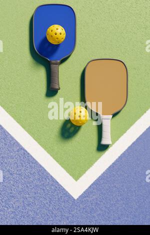 Zwei Pickleball-Paddel und ein Ball auf einer farbenfrohen Spielfläche. 3D-Rendering Stockfoto