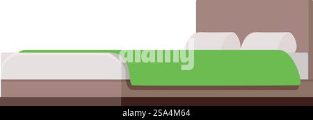 Großes und komfortables Doppelbett mit Holzrahmen, zwei Kissen und grüner Decke, Illustration der Schlafzimmermöbel. Großes Doppelbett mit Holzrahmen und grüner Decke Stock Vektor