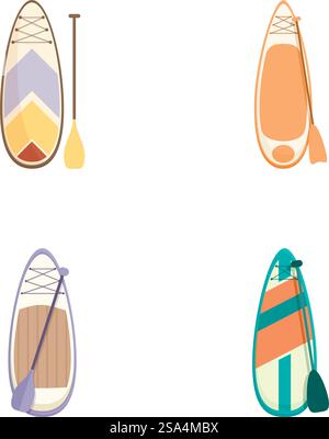 Vier farbenfrohe Vektorillustrationen von Kajaks im Cartoonstil mit Paddeln, isoliert auf weißem Hintergrund. Set von Karikaturkajaks und Paddeln isoliert auf weiß Stock Vektor