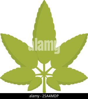 Einfaches grünes Cannabisblatt mit sieben Beilagen, die die therapeutischen Eigenschaften der Pflanze symbolisieren. Grünes Cannabisblatt mit sieben Flugblättern, die Hoffnung und Heilung darstellen Stock Vektor