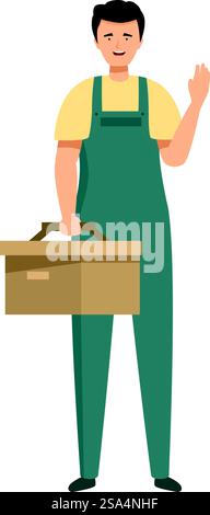 Ein Reparaturmann mit einem Werkzeugkasten winkt mit der Hand, bereit für einen neuen Job. Lächelnder Handwerker mit Werkzeugkiste, winkende Hand, Begrüßungskandidaten Stock Vektor