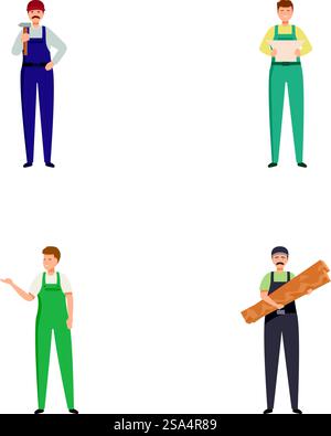 Darstellung von vier Männern in verschiedenen Arbeitskleidung, die verschiedene Berufe vertreten. Eine Reihe von professionellen Männerfiguren in verschiedenen Berufen Stock Vektor