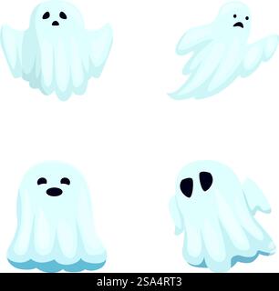 Set aus vier entzückenden und freundlichen Geisterillustrationen in verschiedenen Posen, isoliert auf weißem Hintergrund. Sammlung niedlicher und verspielter Zeichentrickgeister in vier Variationen, isoliert auf weißem Hintergrund Stock Vektor