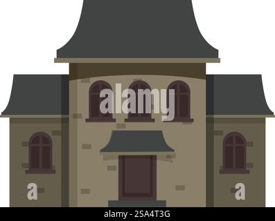 Abbildung eines großen alten Hauses mit dunklem Dach und brauner Tür, isoliert auf weißem Hintergrund. Großes altes Steinhaus mit dunklem Dach und brauner Tür wird auf weißem Hintergrund isoliert Stock Vektor