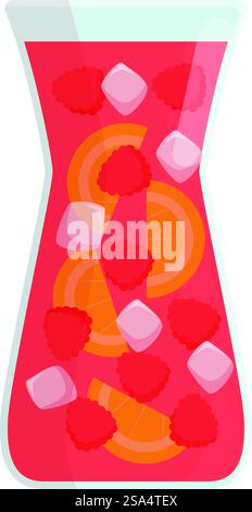 Glaskanne gefüllt mit Sangria, in Scheiben geschnittenen Orangen, Himbeeren und Eiswürfeln im Inneren. Erfrischender Sommercocktail mit frischem Obst und Eis in einer Glaskanne Stock Vektor