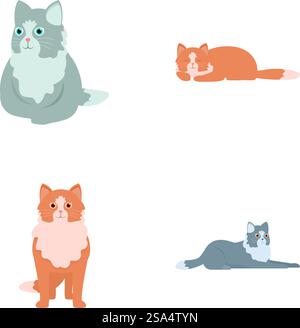 Set aus vier bezaubernden, illustrierten Katzen mit verschiedenen Farben und Posen, perfekt für gestreifte Designs. Sammlung niedlicher Karikaturkatzen in verschiedenen Posen Stock Vektor