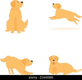 Vier verspielte Illustrationen eines niedlichen labrador-Retriever-Hundes in verschiedenen Posen auf weißem Hintergrund. Set von labrador Retriever in verschiedenen Posen Stock Vektor