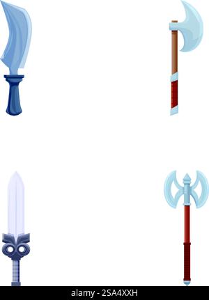 Farbenfrohe Sammlung von vier Abbildungen von Fantasy-Waffen mit klarem Hintergrund. Set von Cartoon Fantasy Waffen isoliert auf weiß Stock Vektor