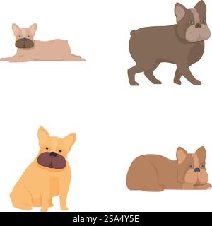 Set aus niedlichen französischen Bulldoggen-Illustrationen in verschiedenen Posen, perfekt für gestreifte Designs. Sammlung süßer französischer Comic-Bulldoggen Stock Vektor