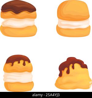 Sammlung illustrierter Cremepuffs mit Schokoladenüberzug in verschiedenen Winkeln. Verschiedene Creme Puffs Illustrationsset Stock Vektor