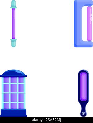 Various lamp icons set cartoon vector. Luminous lamp with ultraviolet ray. Device with ultraviolet light. Various lamp icons set cartoon vector. Luminous lamp with ultraviolet ray Stock Vektor