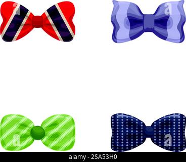 Kollektion eleganter Fliegenbänder in verschiedenen Mustern und Farben, passend für formelle Kleidung. Set mit vier stylischen Schleifen Stock Vektor