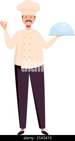 Der lächelnde Koch hält ein Essenstablett, das mit einer Cloche bedeckt ist, und ein perfektes Zeichen. Ein professioneller Koch hält eine silberne Cloche und zeigt ein OK-Schild mit seiner Hand Stock Vektor