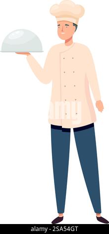 Professioneller Koch hält ein überdachtes Restaurant, das lächelnd und stehend Tablettenplatte serviert. Der freundliche Koch hält eine silberne Cloche, die bereit ist, eine köstliche Mahlzeit zu servieren Stock Vektor