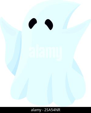 Der Cartoon-Geist schwebt mit erhobenen Armen und verkörpert den Geist von halloween. Freundlicher Geist, der mit offenen Armen und einem großen Lächeln schwimmt Stock Vektor