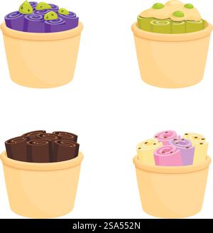 Thai Eiscreme Ikonen setzen Cartoon Vektor. Verschiedene Eiswürfel in der Tasse. Nachtisch, süße Speisen. Thai Eiscreme Ikonen setzen Cartoon Vektor. Verschiedene Eiswürfel in der Tasse Stock Vektor