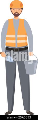Bauarbeiter mit Schaufel und Eimer, bereit für einen harten Arbeitstag. Bauarbeiter mit Schaufel und Eimer mit Sicherheitsweste und Schutzhelm Stock Vektor