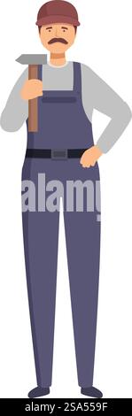 Der Bauarbeiter hält einen Hammer und ist bereit, auf einer Baustelle zu arbeiten. Selbstbewusster Bauarbeiter, der einen Hammer mit Overall und Schutzhelm hält Stock Vektor