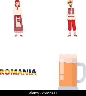 Rumänien Ikonen setzen Cartoon Vektor. Rumänische Menschen in Nationaltracht. Reisekonzept. Rumänien Ikonen setzen Cartoon Vektor. Rumänische Menschen in Nationaltracht Stock Vektor