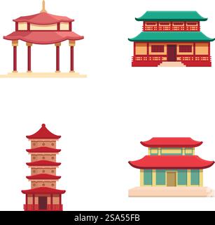 Pagode-Symbole setzen Cartoon-Vektor. Traditionelles asiatisches Gebäude. Orientalische antike Architektur. Pagode-Symbole setzen Cartoon-Vektor. Traditionelles asiatisches Gebäude Stock Vektor