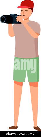 Junger männlicher Fotograf, der Fotos mit professioneller Kamera macht, lächelnder Tourist, der während der Reise Fotos macht. Der Fotograf macht Fotos mit einer professionellen Kamera Stock Vektor