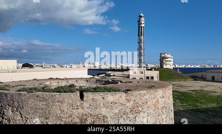 Der Leuchtturm San Sebastián in Cádiz, Spanien, befindet sich am Strand La Caleta und führt Schiffe entlang der Küste Stockfoto