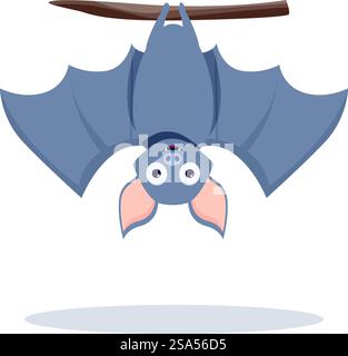 Freundliche Zeichentrickfledermaus mit großen Augen hängt kopfüber von einem Baumzweig und genießt die Aussicht. Niedliche Zeichentrickfledermaus, die kopfüber von einem Baumzweig hängt Stock Vektor