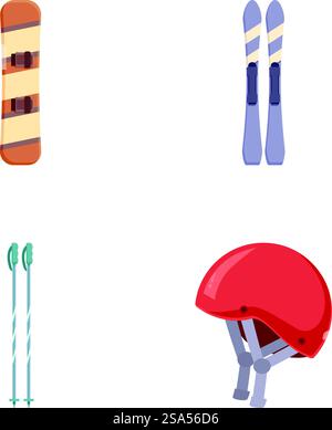 Kollektion flacher Design-Symbole mit Ausrüstung zum Snowboarden und Skifahren. Legendäres Set für Wintersportausrüstung Stock Vektor