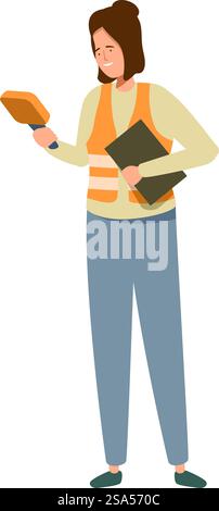 Weibliche Lagerarbeiterin mit Scanner und Klemmbrett, Logistik und Bestandsverwaltung. Lagerarbeiter scannt ein Paket, während er eine Zwischenablage hält Stock Vektor