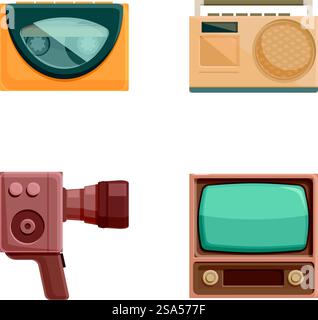 Vintage-Elektronik-Ikone mit farbenfrohen Symbolen altmodischer Technologie wie Fernsehen, Radio, Kamera und Skala in der nostalgischen 80er- und 70er-Ära. Vektorabbildung. Set aus vier farbenfrohen Symbolen für Retro-Elektronik, darunter fernseher, Radio, Kamera und Waage Stock Vektor