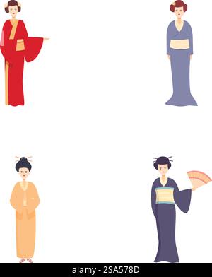 Set aus vier eleganten Illustrationen, die Einzelpersonen in verschiedenen traditionellen japanischen Kimonos darstellen. Sammlung traditioneller japanischer Kimonobekleidung Stock Vektor