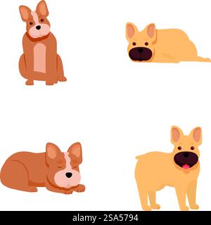 Set aus vier niedlichen Zeichentrickhunden in sitzenden, liegenden und stehenden Posen. Zeichentrickhund-Sammlung in verschiedenen Posen Stock Vektor