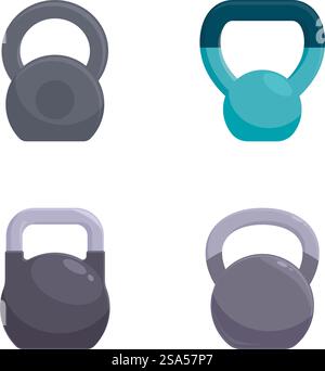 Sammlung von vier Kettlebell-Symbolen in verschiedenen Farben mit schlichtem, flachem Design. Set aus Kettlebell-Symbolen in flacher Ausführung Stock Vektor