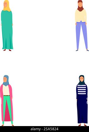 Vektorillustrationen mit vier verschiedenen Frauen in legeren Outfits mit minimalistischem Stil. Set mit vier verschiedenen Frauendarstellungen Stock Vektor