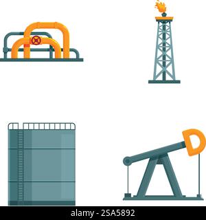 Sammlung von vier flachen Symbolen, die die Öl- und Gasinfrastruktur darstellen. Symbole für die Öl- und Gasindustrie gesetzt Stock Vektor