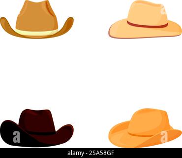 Sammlung von vier stilisierten Cowboyhüten in verschiedenen Farben, isoliert auf weißem Hintergrund. Set mit vier Cartoon Cowboyhüten Stock Vektor