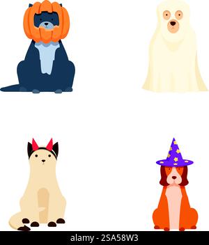 Sammlung niedlicher Zeichentricktiere in lustigen Kostümen, perfekt für festliche Motive und Dekorationen. Niedliche Tiere in festlichen Kostümen Illustrationsset Stock Vektor