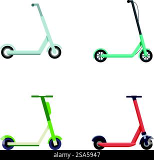Vektor-Illustration Sammlung von vier modernen Rollern in verschiedenen Farben isoliert auf einem weißen Hintergrund. Set mit vier farbenfrohen Motorrollern auf weißem Hintergrund Stock Vektor