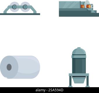Flache Design-Symbole verschiedener Industriemaschinen und -Anlagen. Satz von Symbolen für industrielle Geräte und Maschinen Stock Vektor