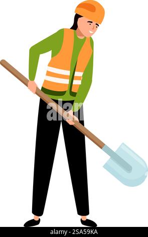 Lächelnder Bauarbeiter, der die Schaufel hält, um auf der Baustelle zu arbeiten. Der Bauarbeiter hält eine Schaufel und kann mit der Arbeit beginnen Stock Vektor