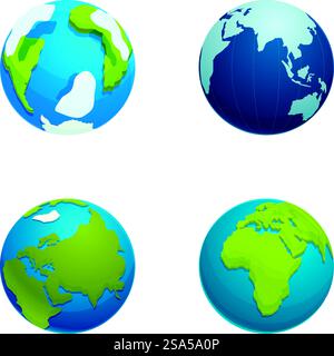 Sammlung von vier stilisierten Vektorillustrationen der Erde, die verschiedene Kontinente zeigen. Set aus vier Globen im Cartoon-Stil Stock Vektor