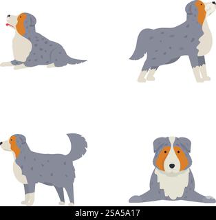 Sammlung von vier niedlichen und vielfältigen Zeichentrickhund-Designs in verschiedenen Posen. Satz von Zeichentrickfiguren für Hunde Stock Vektor