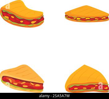 Bunte Illustration mit vier verschiedenen Cartoon-Sandwiches auf weißem Hintergrund. Set köstlicher Sandwiches im Cartoon-Stil Stock Vektor