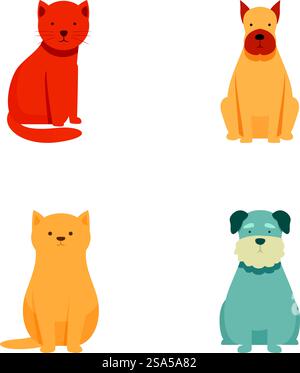 Sammlung von vier bezaubernden Zeichentricktieren, darunter Katzen und Hunde, in minimalistischem Stil. Set niedlicher Cartoon-Haustiere Stock Vektor